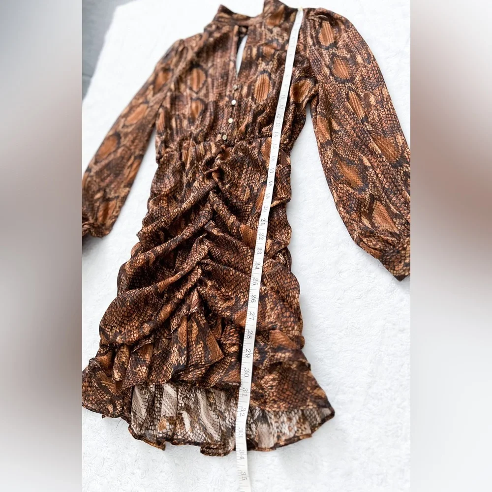 NWT- ZARA Animal Print Ruched Ruffle Front Long Sleeve Mini Dress